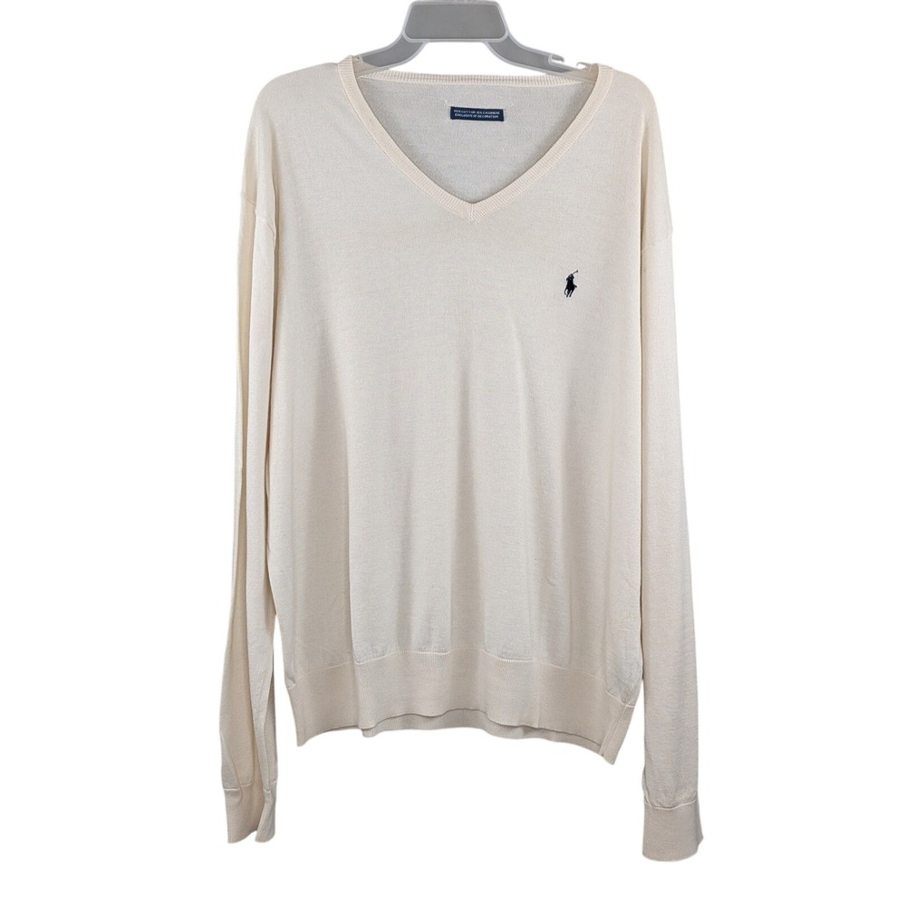 Polo Ralph Lauren V Neck Sweater Mens XL Cream Cotton Cashmere Soft Lightweight